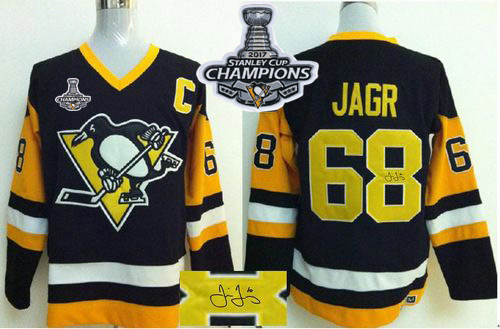 Penguins #68 Jaromir Jagr Black CCM Throwback Autographed Stanley Cup Finals Champions Stitched NHL Jersey - Click Image to Close